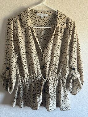 Sweet Rain Beige & Black Printed Tie-Front Blouse